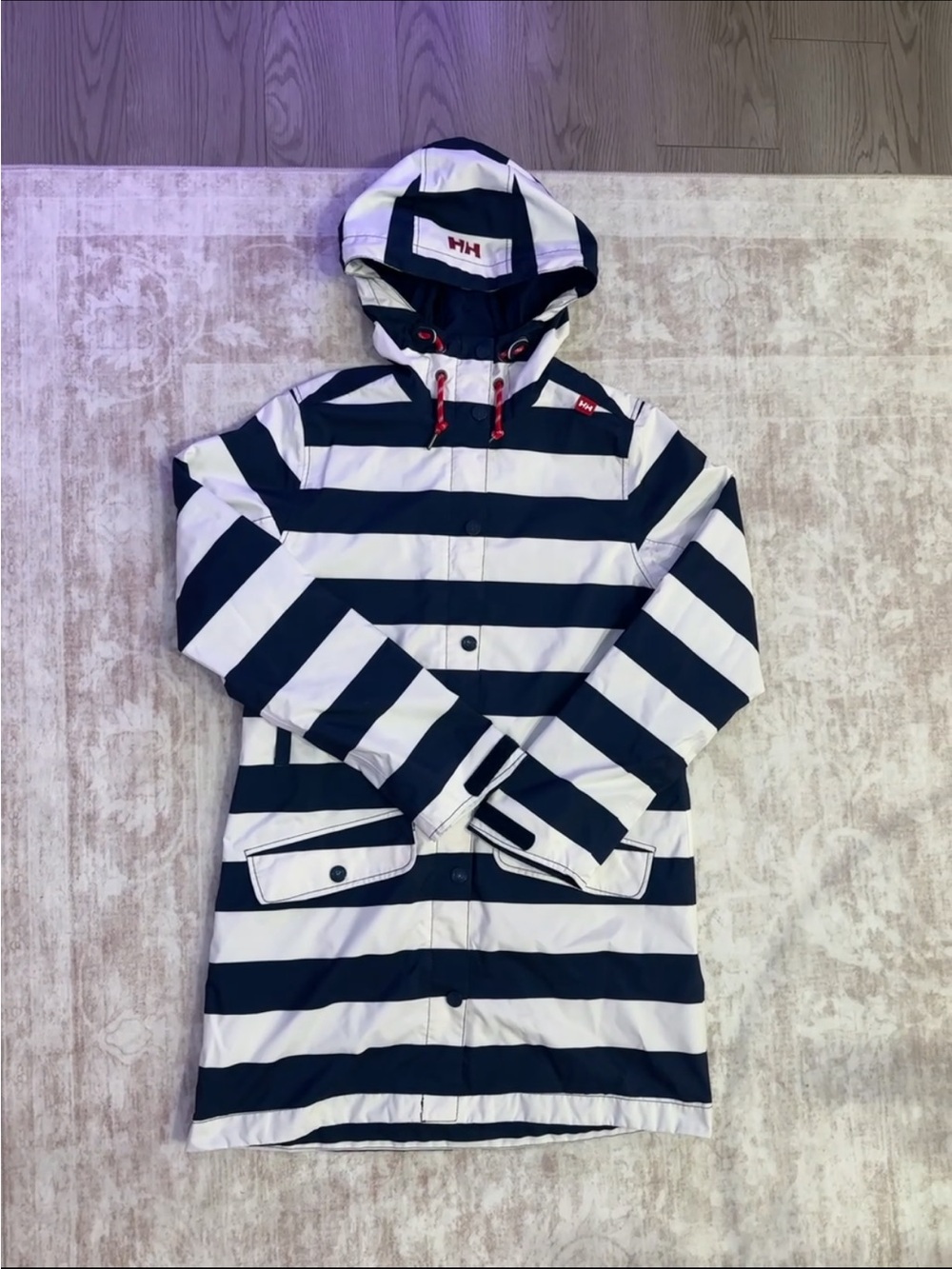Helly Hansen Navy & White Striped Kids Hooded Raincoat